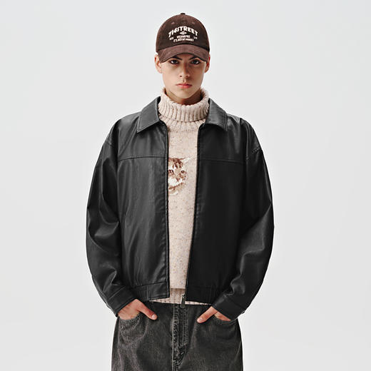 714street美式复古黑色皮衣外套男女同款2024秋新款短款宽松夹克 商品图0