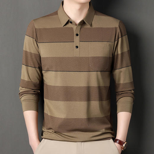2024年春秋季新款男士t恤衫休闲翻领条纹长袖中年套头打底上衣男商务正装长袖上衣 商品图1
