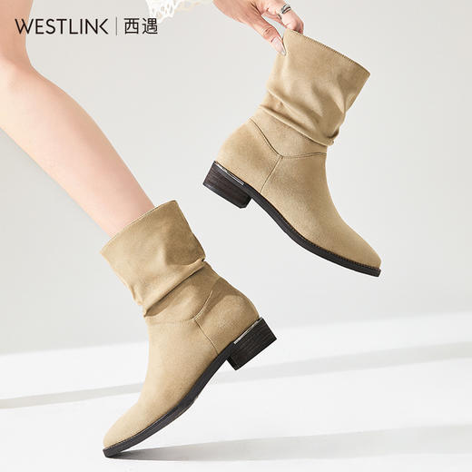 西遇绒面尖头短靴女新款秋冬复古西部靴黑色低跟堆堆靴瘦瘦靴D3947703 商品图1