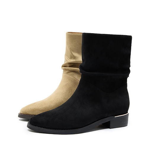 西遇绒面尖头短靴女新款秋冬复古西部靴黑色低跟堆堆靴瘦瘦靴D3947703 商品图4