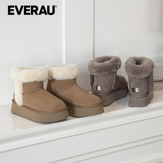 EVERAU靴口翻毛美利奴羊毛奶乎乎装饰条秋冬保暖雪地靴UEA3173 商品图0