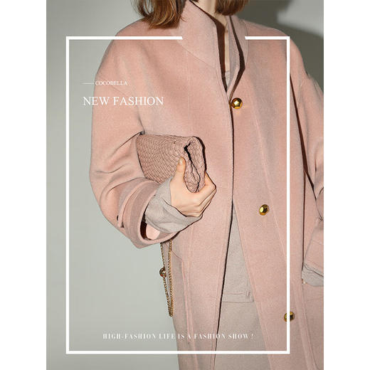 COCOBELLA气质粉温柔风毛呢外套质感金属扣中长款大衣WL7063 商品图1