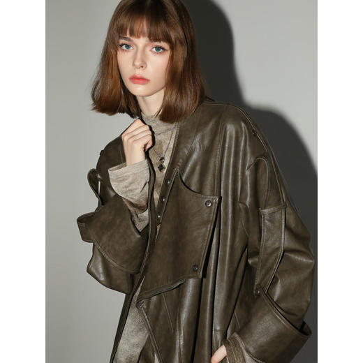 【专属秒杀】COCOBELLA手工擦色PU皮衣时尚两穿外套女廓形机车夹克PU3002 商品图1