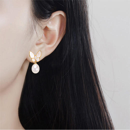 S925纯银针贝壳，蝴蝶天然淡水珍珠耳环LY-004 商品图3