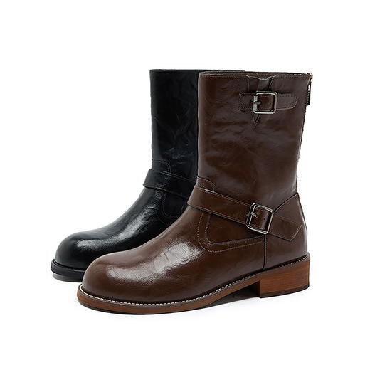 西遇英伦风机车靴女新款秋冬搭扣中筒骑士靴低跟圆头黑色短靴D3747706 商品图6