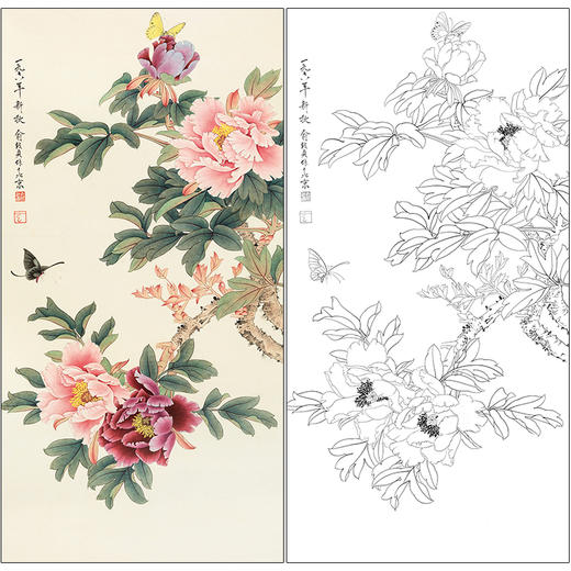 俞致贞花鸟工笔画白描底稿《蝶恋花》牡丹临摹勾线高清打印稿ZZ10 商品图0