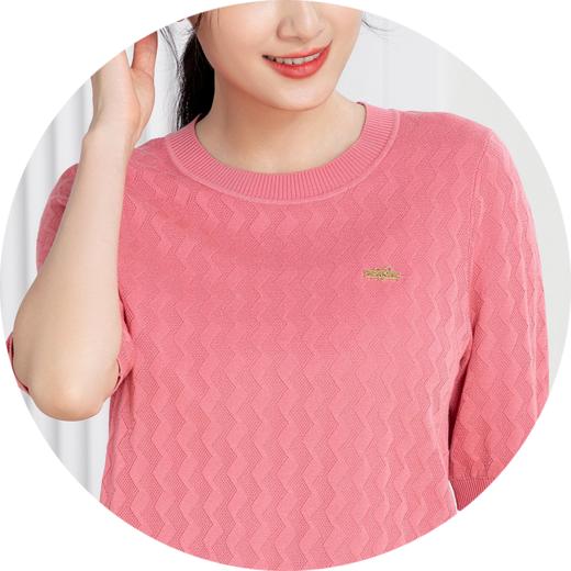伯妮斯茵 | 温柔甜美风 粉色波浪纹圆领短袖针织衫 春夏气质百搭上衣 HJ3E01 商品图3
