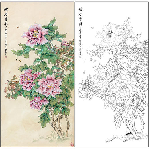 俞致贞花鸟工笔画白描底稿《秾姿贵彩》牡丹临摹勾线高清打印稿ZZ03 商品图0