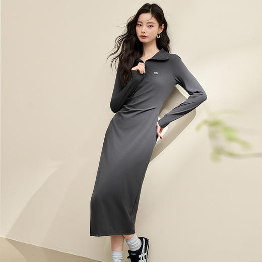 搭片设计POLO领长袖连衣裙女秋季聚褶修身弹力针织裙V3742447 商品图3