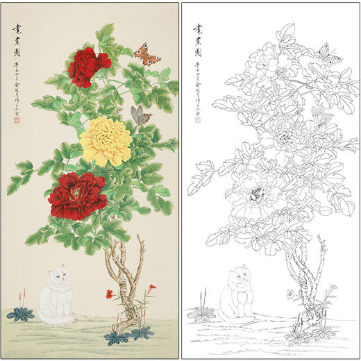 俞致贞花鸟工笔画白描底稿《耄耋图》猫四尺牡丹 猫临摹勾线高清打印稿ZZ17 商品图0