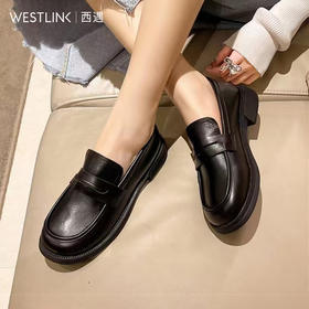 西遇通勤乐福鞋女新款早春瘦版舒适软皮黑色单鞋低跟小皮鞋P0047512