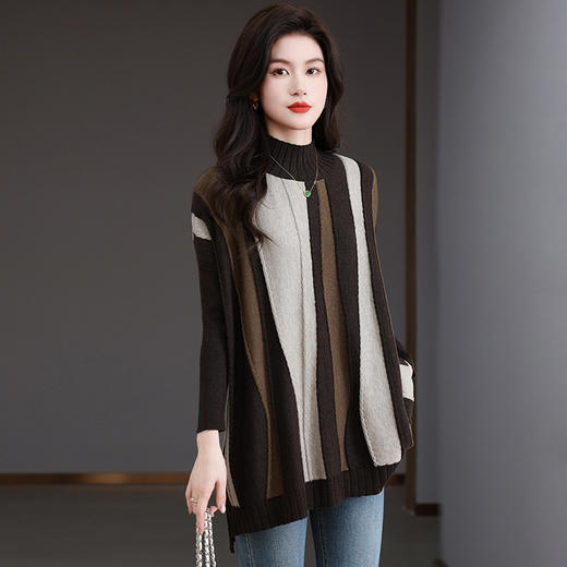 MH-280半高领中长款拼色大码毛衣女秋冬新款时尚长袖前短后长羊毛针织衫 商品图3