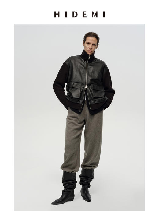 HIDEMI 进口肌理感山羊皮立领拉链拼接立体大口袋针织拼接飞行员外套短款大衣皮衣 商品图1