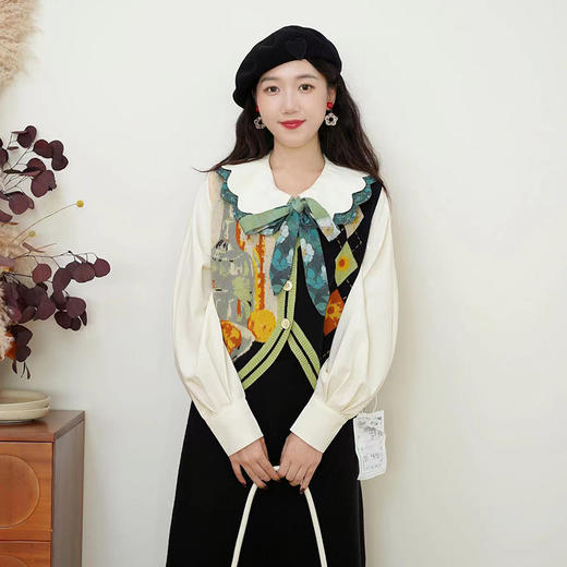两三事梵高文艺柠香细语2024秋新款油画图案针织两件套女时尚套装 商品图3