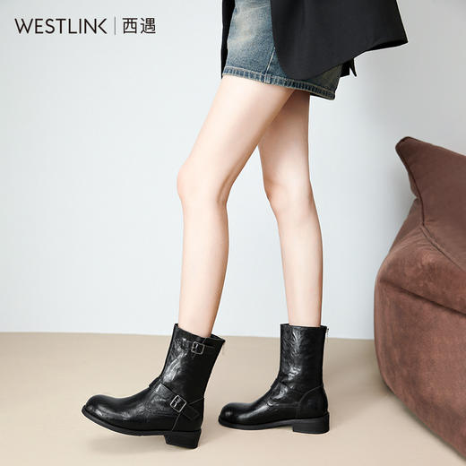 西遇英伦风机车靴女新款秋冬搭扣中筒骑士靴低跟圆头黑色短靴D3747706 商品图2