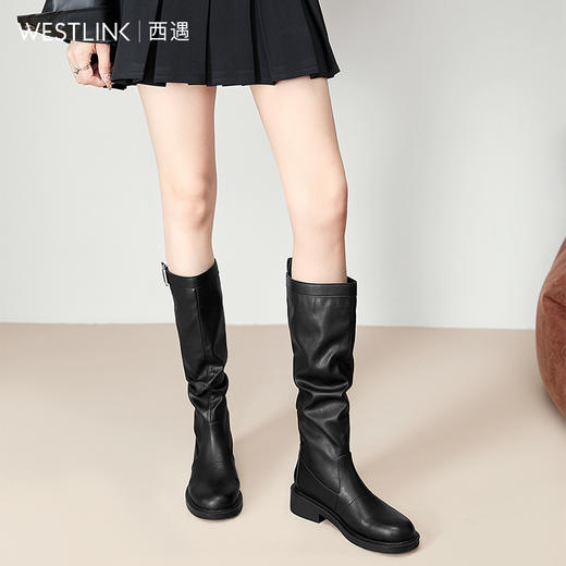 西遇长筒靴女堆堆靴新款秋冬单靴复古显瘦奶茶色圆头厚底长靴V3947745 商品图1