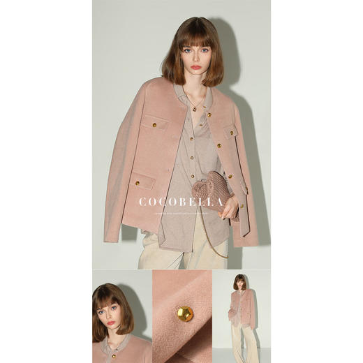 COCOBELLA气质粉小香风短外套质感金属扣箱型毛呢大衣WL7066 商品图3