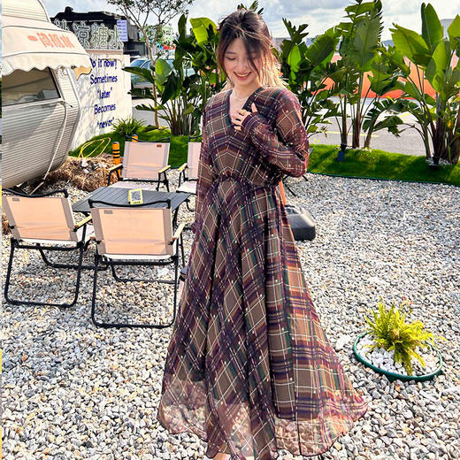 【顺丰包邮】54023 洛诗琳气质优雅真丝格纹印花V领显瘦连衣裙52273 商品图2