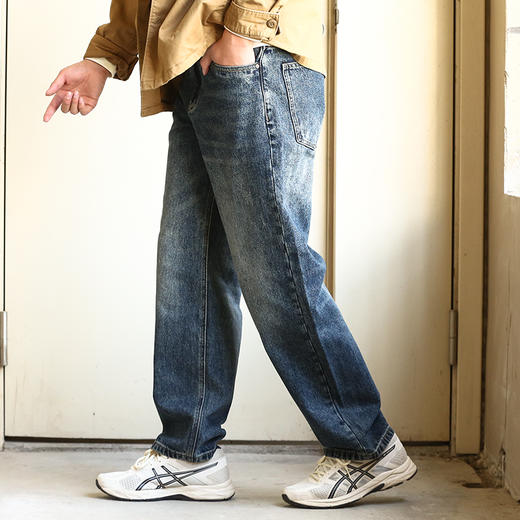 DRONKOO 2024 正常腰表袋红绿双杠刺绣微吊磨小直筒中厚牛仔长裤 商品图2