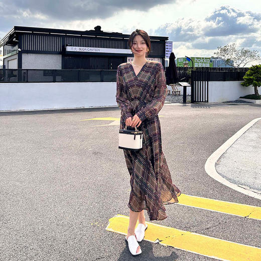 【顺丰包邮】54023 洛诗琳气质优雅真丝格纹印花V领显瘦连衣裙52273 商品图3