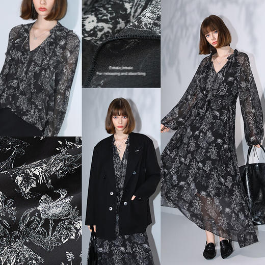 COCOBELLA立体荷叶领印花气质衬衫女秋V领内搭雪纺衫SR3039B 商品图2