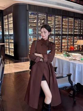 伯妮斯茵 | 复古英伦风 深咖色立领系带风衣 长款开叉外套 春秋气质高级感大衣 HJ3D55
