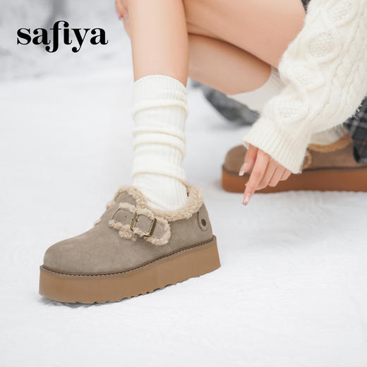 Safiya/索菲娅2024冬季厚底增高一脚蹬加绒保暖羊羔毛勃肯棉鞋 SF44112038 商品图3