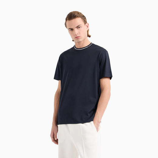 EMPORIO ARMANI 阿玛尼 男士ASV 莱赛尔纤维混纺平纹针织徽标领圆领短袖T恤 蓝色 6D1T95 1JOSZ 0920 商品图1
