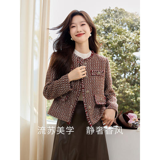 【年货节】熙世界安可拉红小香风夹棉外套短款秋冬新款法式名媛粗花呢上衣 商品图2