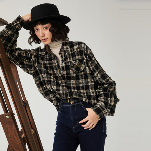谜底黑白格子衬衫长袖女2024冬季新品宽松羊毛混纺衬衣244GC1484 商品图1