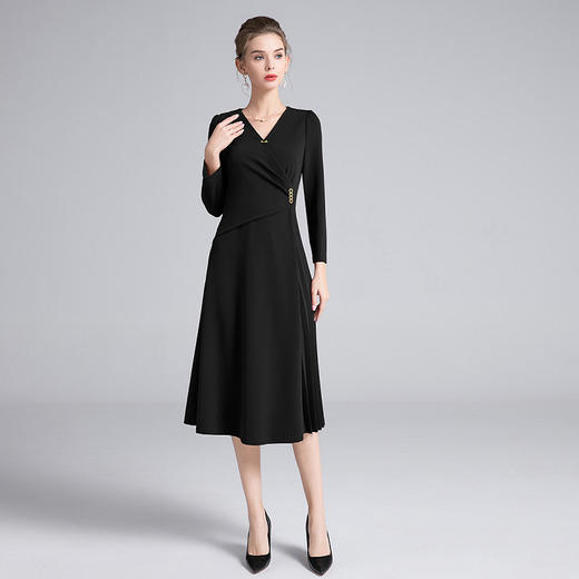 全新升级【铂金会员367/天猫499/差价132】(14047) 洛诗琳秋季新款V领设计感不规则褶皱收腰显瘦连衣裙女deo 商品图0