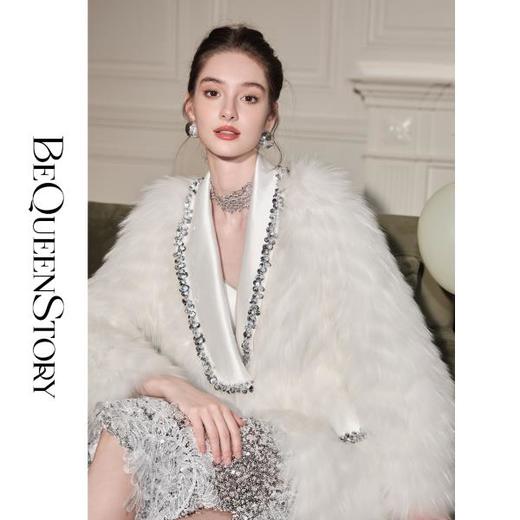 BeQueenStory【静奢晚宴】手工亮片织带拼接醋酸高级感翻领皮草外套 商品图2
