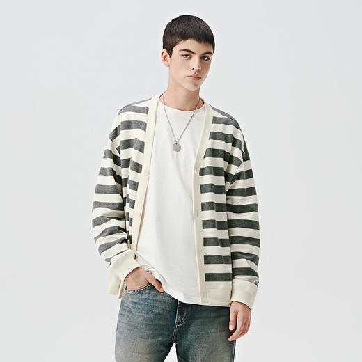 714street条纹V领针织开衫男2024秋冬季新款宽松外套休闲长袖上衣 商品图0