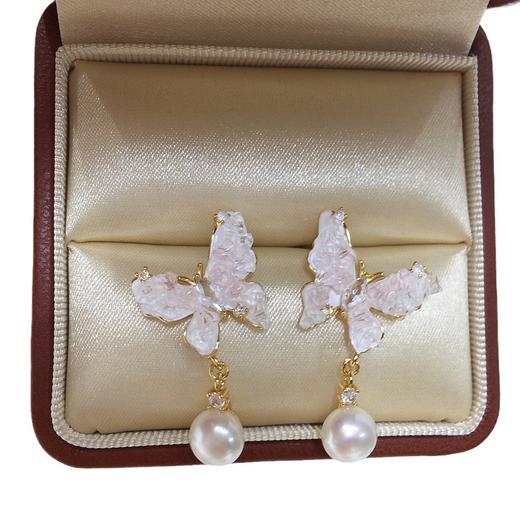 天然淡水珍珠耳钉粉色海盐碎冰晶蝴蝶 商品图4