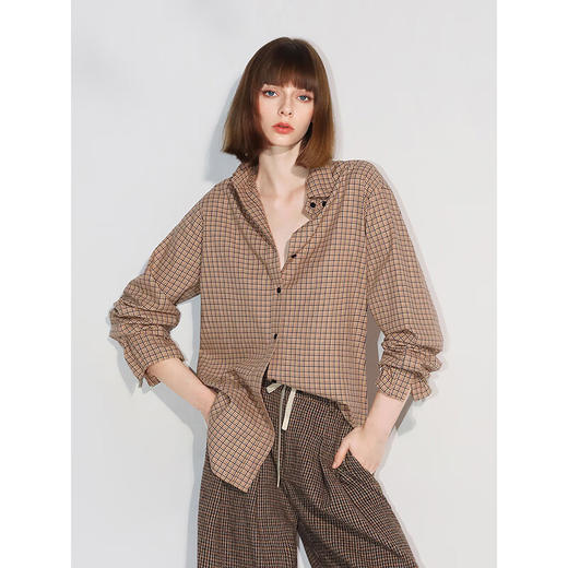 COCOBELLA重工对丝格纹通勤衬衫女高知学院风纯棉衬衣SR7049 商品图3