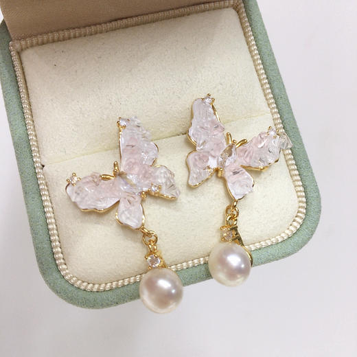 天然淡水珍珠耳钉粉色海盐碎冰晶蝴蝶 商品图1