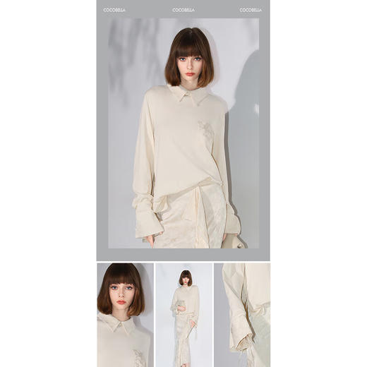 COCOBELLA新中式提花拼接翻折袖衬衫女秋翻领套头衬衣SR7060-2 商品图1