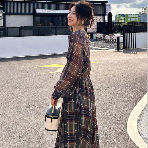 【顺丰包邮】54023 洛诗琳气质优雅真丝格纹印花V领显瘦连衣裙52273 商品图4