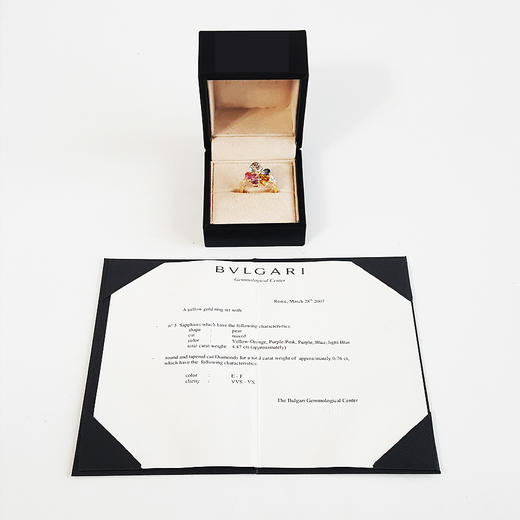 【95新】BVLGARI宝格丽SAPPHIREFLOWER系列18K黄金镶钻彩色蓝宝石花朵戒指女士57号020924TJ23 现售价：35500 商品图1