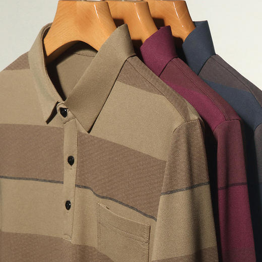 2024年春秋季新款男士t恤衫休闲翻领条纹长袖中年套头打底上衣男商务正装长袖上衣 商品图3