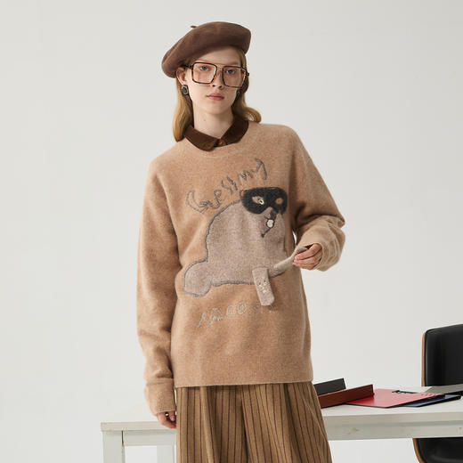 谜底套头针织衫女2024冬新品复古文艺趣味绣花宽松毛衣244MZ1856 商品图0