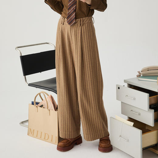 谜底条纹阔腿裤女2024冬季新品通勤风时尚羊毛混纺长裤244MK1455 商品图1