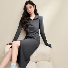 搭片设计POLO领长袖连衣裙女秋季聚褶修身弹力针织裙V3742447