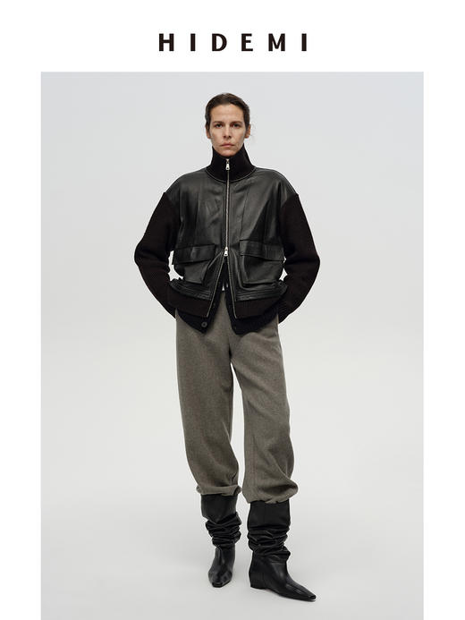 HIDEMI 进口肌理感山羊皮立领拉链拼接立体大口袋针织拼接飞行员外套短款大衣皮衣 商品图0