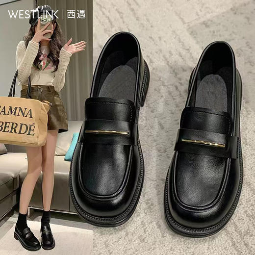 【限时秒杀】西遇低跟乐福鞋女新款简约法式一脚蹬小皮鞋通勤黑色单鞋P0047511 商品图2