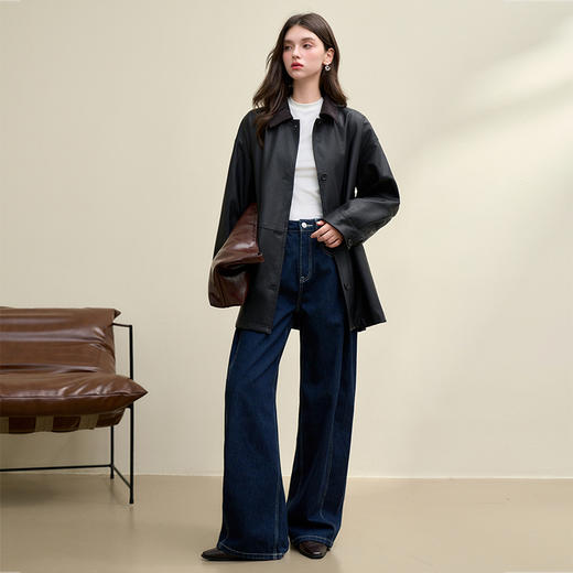 简约干练设计感翻领中长款皮外套女秋季高级感上衣V0043704 商品图1
