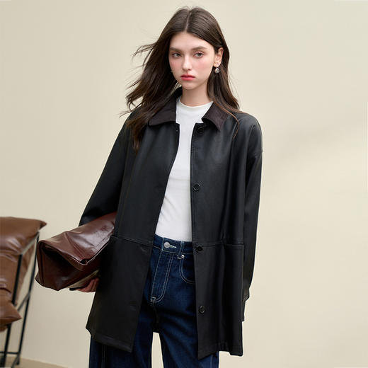 简约干练设计感翻领中长款皮外套女秋季高级感上衣V0043704 商品图0