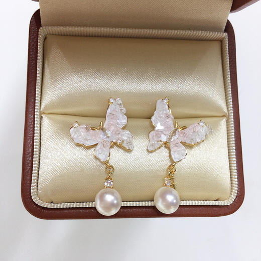 天然淡水珍珠耳钉粉色海盐碎冰晶蝴蝶 商品图0