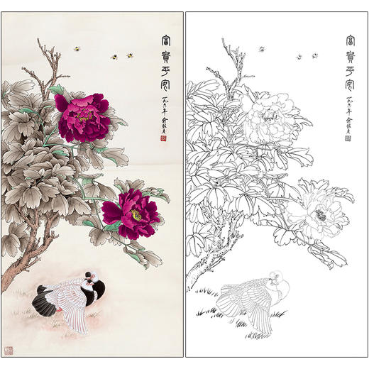 俞致贞花鸟工笔画白描底稿《富贵平安》牡丹双鸽临摹勾线高清打印稿ZZ05 商品图0