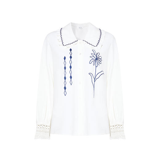 两三事舞动花魅2024秋季新款文艺风荷叶边翻领绣花长袖衬衫女宽松 商品图4